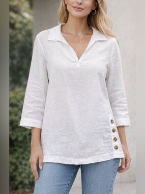 Tahari White 100% Linen Popover Top Tunic White Size Large